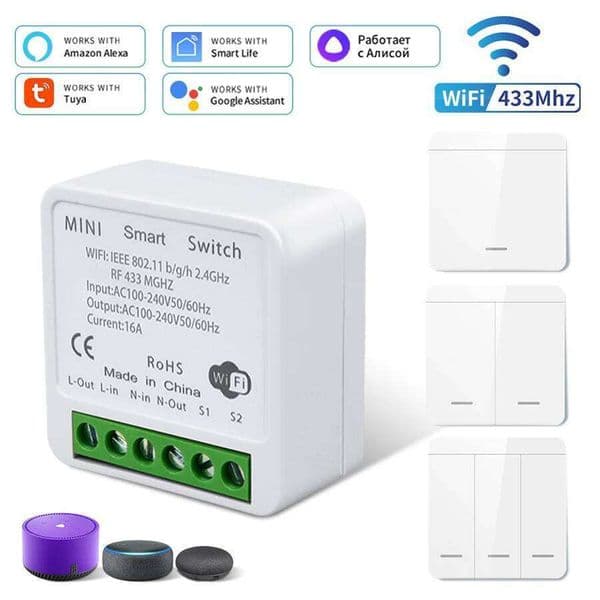 Tuya WiFi Light Wireless RF 433mhz Push Button Wall Switch Via Alexa Google Home Alice Smart Life App