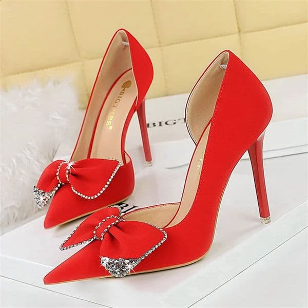 BIGTREE Night Club Stripper Fashion Women Woman Pumps Red Elegant Woman Heeled Sexy Light Pointed toe Diamond Bow Single Shoes 260424