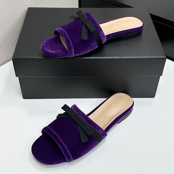 Womens Velvet Flat Slide Sandals Designer Bowknot Logo Decor Open Toe Mules Luxury Casual Summer Slippers Sheepskin Lining Leather Sole Size 35 42