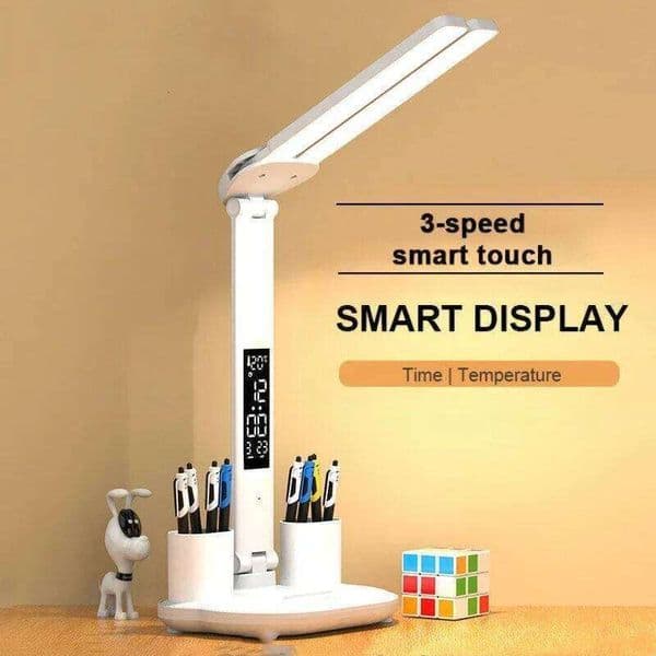 Clock Table USB Chargeable Dimmable Desk 2 Heads 180 Rotate Foldable Eye Protection Desktop LED Reading Night Lamp