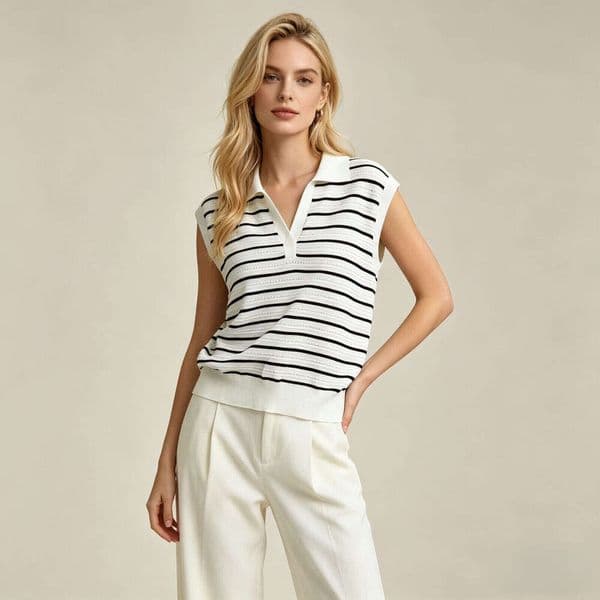2026 Spring and Summer New Black and White Striped Polo Neck Knitted Tank Top, Multi functional Sleeveless Slimming Commuter Top