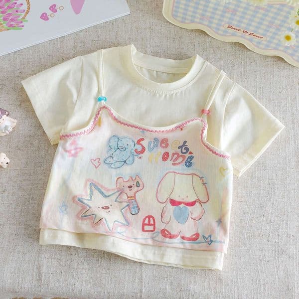 2026 New Summer Girls Fake Two-Piece Short Sleeve T-Shirt Sweet Cute Print Round Neck Pure Cotton Fashion Versatile Casual Top For Kids Z260521
