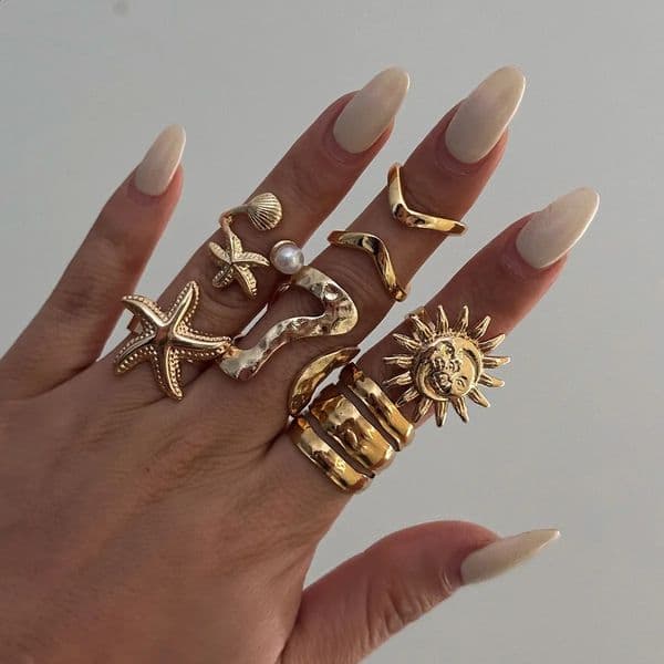6Pcs/Set Vintage Sun Starfish Open Rings for Women Men Punk Irregular Pleated Pearl Ring Summer Holiday Personalized Jewelry 260423