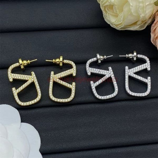 designer earrings valentins valentinly V-shaped double-sided full-diamond stud earrings for women metallic French style sparkling diamond geometric earrings
