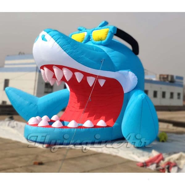 5mh Outdoor Large Inflatable Shark DJ Booth Cartoon Sea Animal Balloon 5M Airblown Blue Shark Tent With Sunglasses For Park And Swimming Pool Decoration