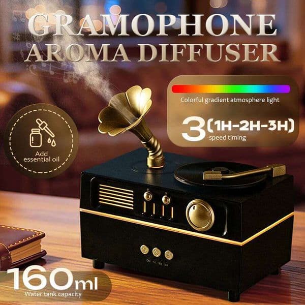 Gramophone Shape Aroma Diffuser, Vintage Humidifier, Rotating Mist, 7 Color Lights, 3 Timers, 160ml, USB Essential Oil Diffuser