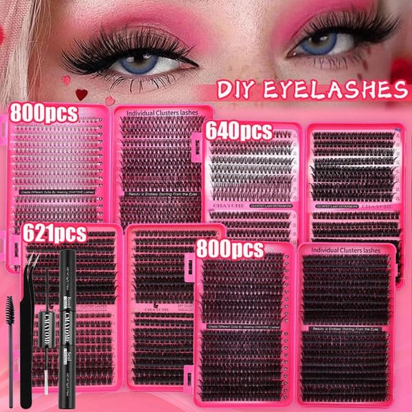 DIY Lash Clusters - Fluffy Volume DIY Eyelash Extension Kit with Lash Bond and Seal Strong Hold, Thick Wispy Individual Eyelashes Soft Lightweight Comfortable to Wear