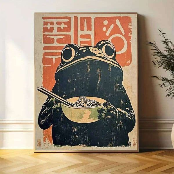 1pc Frameless Canvas Print, Art Deco Retro Japanese Style, Printed on Canvas, with Frog Eating Ramen, Wall Decoration 26Y0427