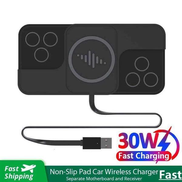 30W Fast Charger Pad for iPhone 15 14 13 12 Samsung Huawei AirPods Phone Non-slip Quick Car Wireless Charging Stand