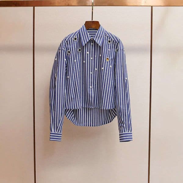 Early Spring New Fashion French Style Elegant Beaded Hollow Pearl Short Versatile Striped Shirt Top Mdng260427