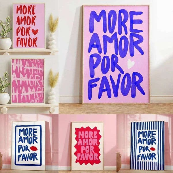 Maximalist More Amor Por Favor Love Quote Wall Art Canvas Painting Eclectic Blue Pink Poster Prints Pics For Modern Home Decor 26L0427
