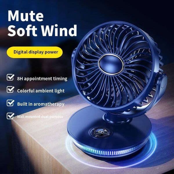 2026 Protable Electric Rechargeable LED Digital Screen Wall Mounted Fan with 8H Timing 180° Adjustable 7 Colorful Lights