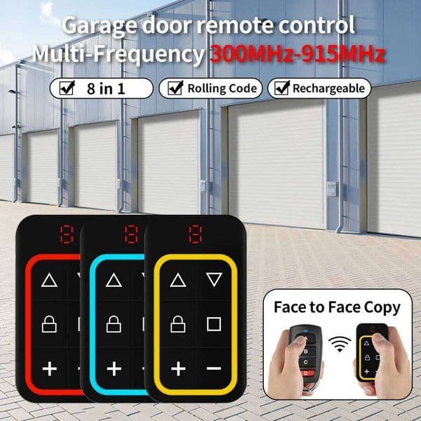 8-in-1 Garage Door Fixed + Rolling Code 300-915MHz Multi-frequency Overlay 433/868MHz | Remote Copy Clone