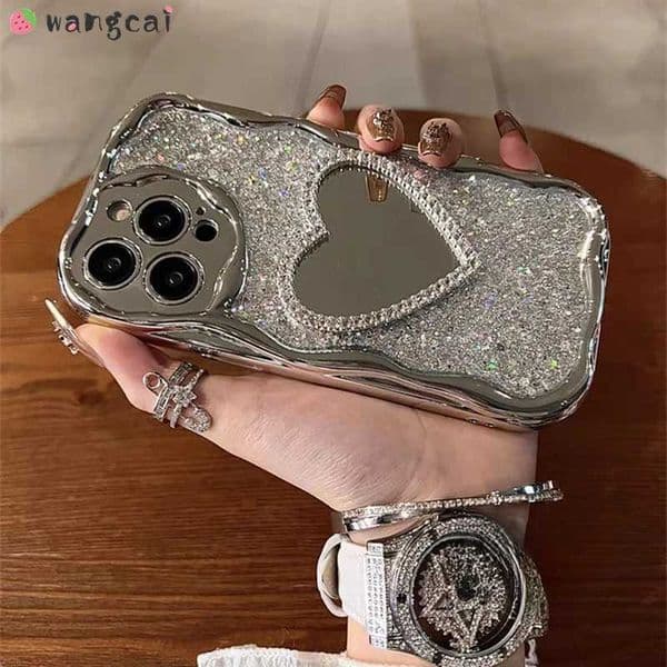 For iPhone 15 14 Plus 13 12 11 Pro Max X XR XS Max 8 7 Plus SE Soft Glitter Cover Wave Pattern Make up Mirror Phone Casing T260424