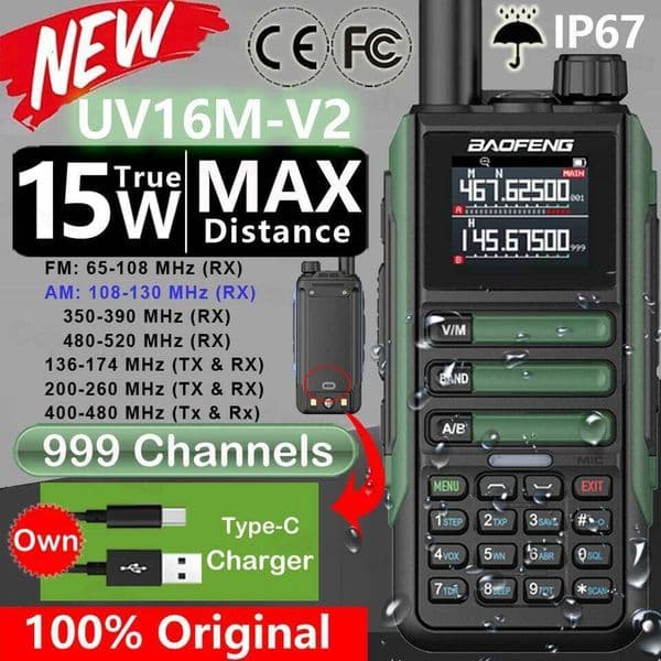 Upgrade Baofeng UV16M V2 Walkie Talkie 15W High Capacity AM FM 2-Way Radio Full Band LCD 999CH Frequency Copy NOAA Noise Reduce 26Y0427