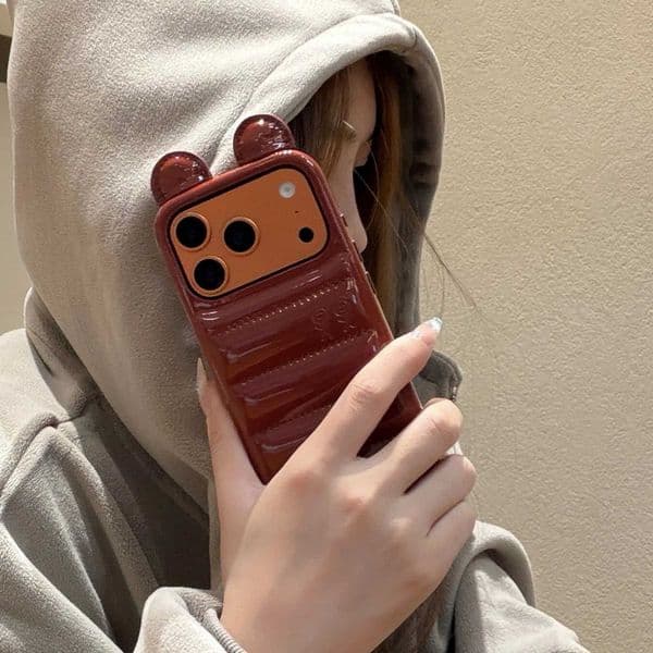 Cute Glossy Shiny Brown 3D Bear Ears Jackets Phone Case for iPhone 17 16 15 14 Pro Max Shockproof Protective Eye-catching Cover T260424