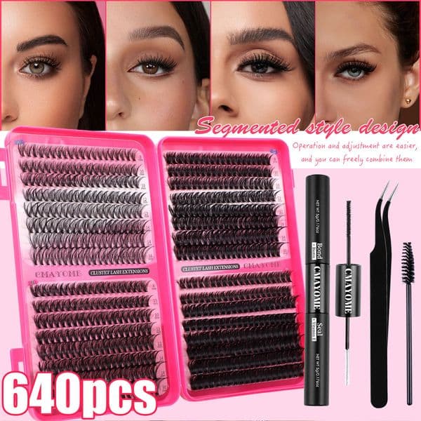 Thick Fluffy DIY Individual Eyelashes Soft Lightweight, Volume Lash Clusters Kit with Lash Bond and Seal Tweezer D Curled, Reusable DIY Eyelash Extensions