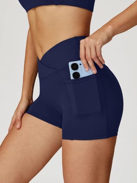 Active Shorts Women's High Waisted Crossover Yoga With Side Pockets Workout Running Athletic Biker For Gym Fitness