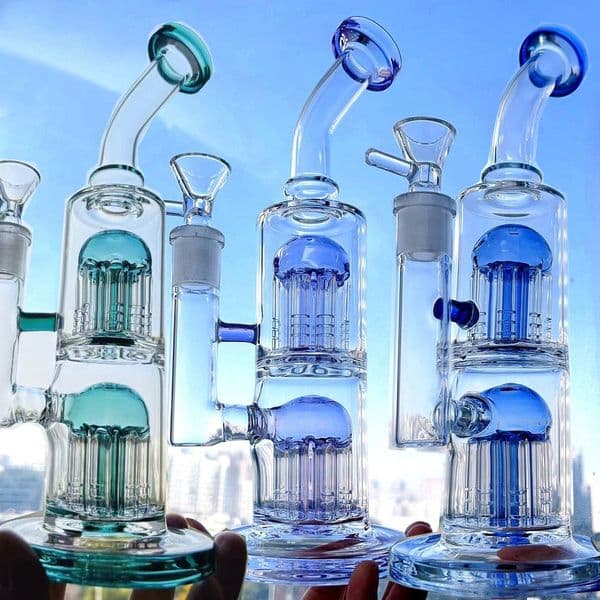 Blue Purple Arm Tree Percs Water Pipes Thick Hookah Bubbler Green Glass Bongs Smoking Shisha Accessory with 14mm Joint
