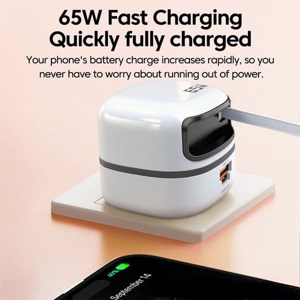 65W Fast with Retractable Cable PD QC 3.0 Multi-Port Wall Charger EU Plug,US plug, UK plug