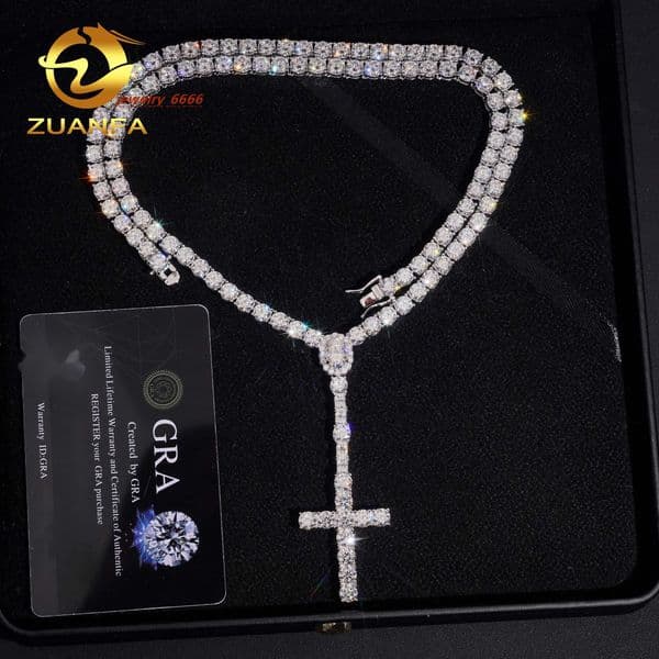 Cross Charms Moissanite Necklace Hip Hop 925 Sterling Silver Gold Plated 5mm VVS Moissanites Diamond Sparking Tennis Chain