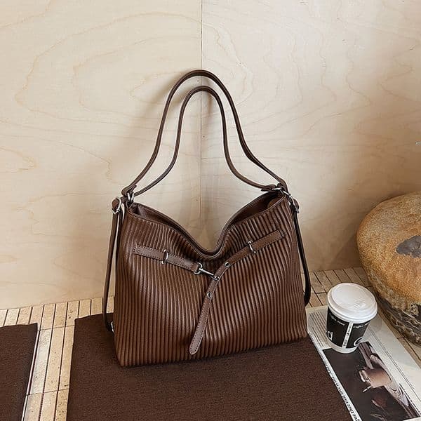 Durable Double-back PU leather striped simple work and commuting versatile shoulder bag, large-capacity practical tote bag