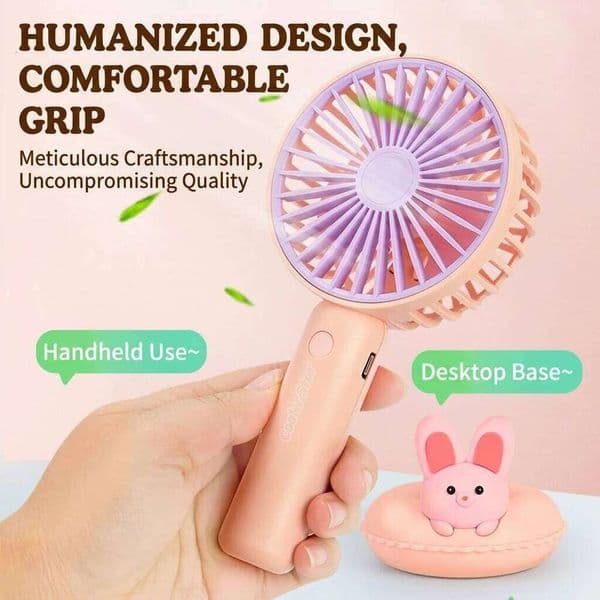 Cute Animal Mini USB Rechargeable Handheld Portable Desk Fan With Removable Battery 3 Speeds Silent Airflow For Kids Girls