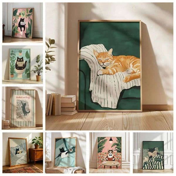 1pc Frameless,cat Reading Printing,black Wall Art,comfortable Bedroom Poster,book Lover Cat Illustration,cat in Bed Printing 26Y0427