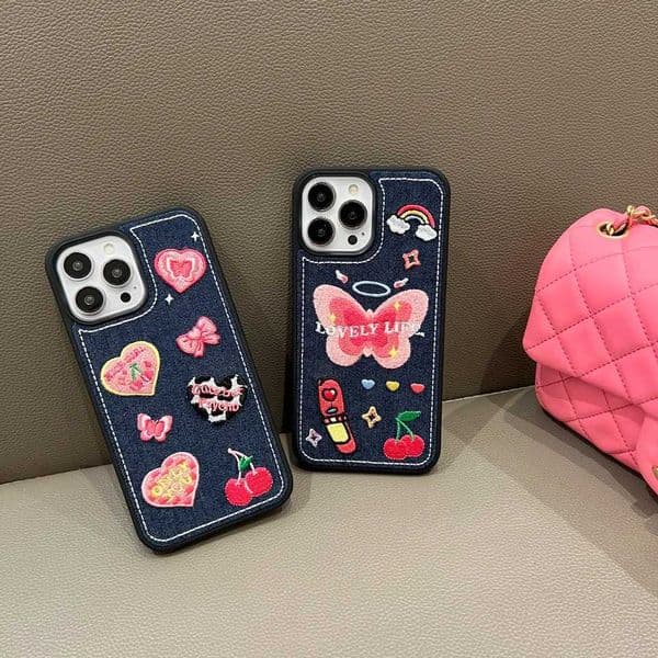 Fashionable Denim Butterfly Heart Case for iPhone 16 15 14 Plus 11 12 13 Pro MaxBack Cover Coque Capa T260424