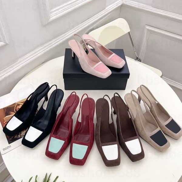 Top quality designer women slingbacks sandals Pumps Luxury sheepskin suede stiletto heel Square Toes dress shoes Women's Party Evening shoes size 35-41