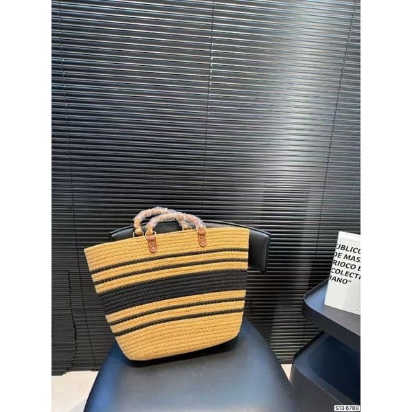 Top Grade Designer Style Striped Straw Woven Tote Bag Premium Leather Handle Luxury Large Capacity Beach Travel Shopping Shoulder Handbag For Women