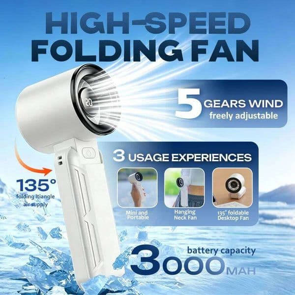 5 High Speed Handheld Fan, 3000mAh Rechargeable, LED Display, Quiet Powerful, Neck Fan with Lanyard, 135° Foldable Desktop