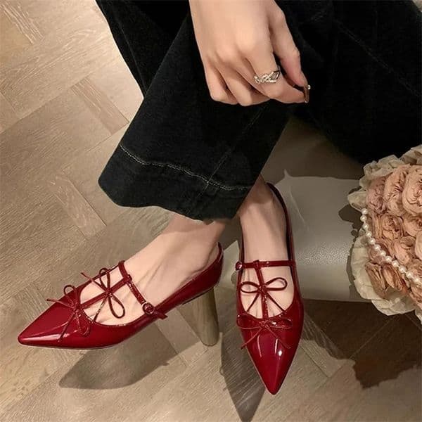 T-strap Pointed Toe Flats Shoes 2026 Women Bowtie Buckle Strap PU Leather Elegant Red Mary Janes Shoes Ladies Party 260424