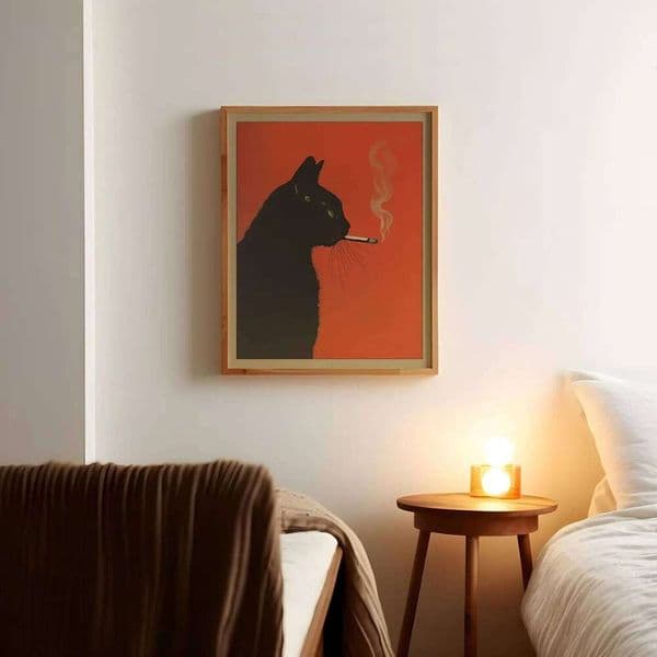 Black Cat Smoking a Cigarette Vintage Art Retro Whimsical Print Funny Animal Wall Decor Poster for Bar Cart Quirky Kitche 26Y0427