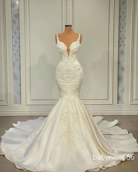 2026 Plus Size Arabic Aso Ebi Mermaid Sexy Luxurious Wedding Spaghetti Lace Beaded Bridal Gowns Dress 427