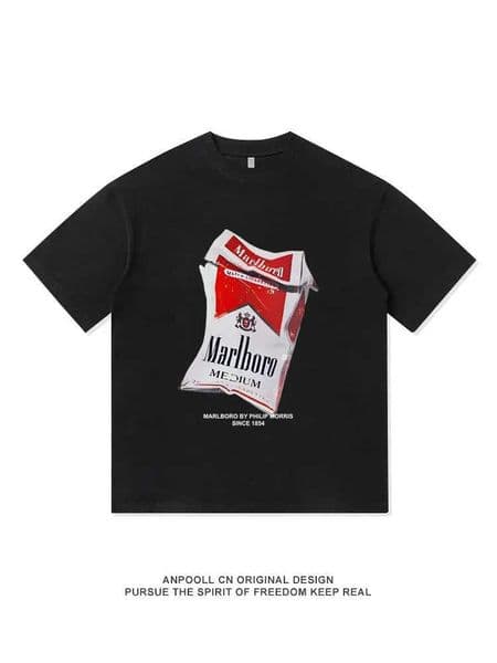 American-style Cigarette Box Letter Marlboro Printed Pure Cotton Summer Short-slved Shirt for Men and Women Loose-fitting Top L260427