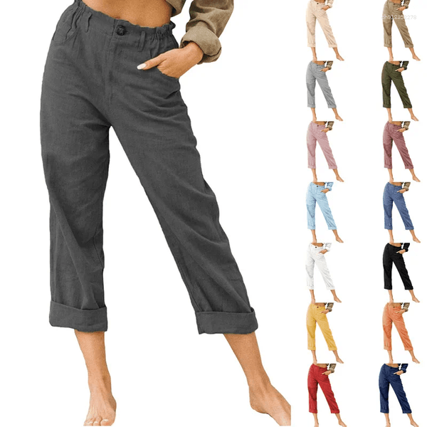 Women's Pants 2026 Boho Linen Blend Cropped For Women High Elastic Waist Button Rolled Hem Trousers With Side Pockets