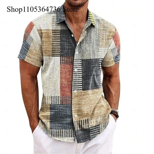 Mens Summer Shirt Vintage Patchwork Printed Button Lapel Short Sleeve Tropical Vacation T Fashion Soft Men Clothing y260424