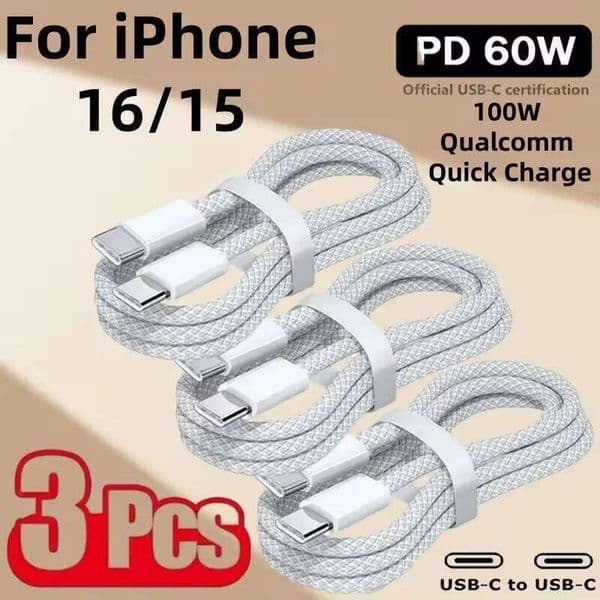 3PCS to USB Type C 60W Fast Charging Charger Cable For iPhone 15 16 XiaomiHuawei Samsung Phone USBC Data Cord