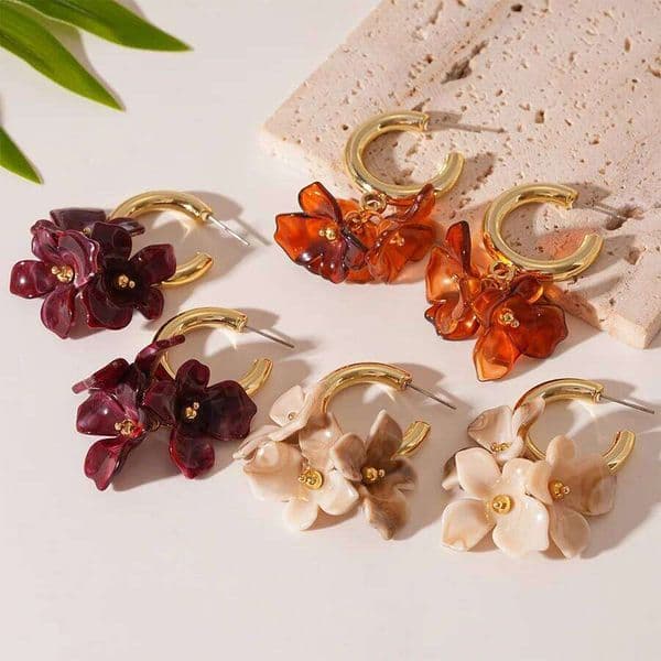 Maillard-Style Dangle Women Acrylic Flower C Shaped Drop Earrings Vintage Vacation Daily Wear Party Jewelry Accessories