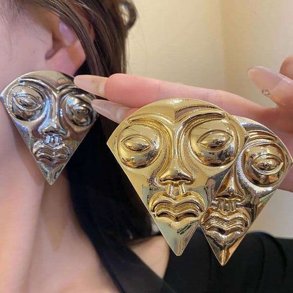 Vintage Metal Face Stud Women Exaggerated Fan Shaped Earrings Stylish Daily Wear Party Holiday Exquisite Jewelry Gifts