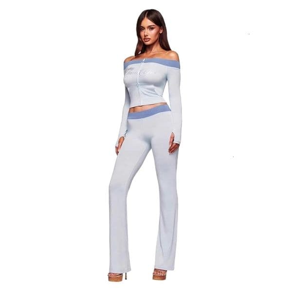 Womens Tracksuits Two Pieces Set Designer Spring Summer New Fashion Off-Shoulder Letter Print Zipper Color-Block Pants Set