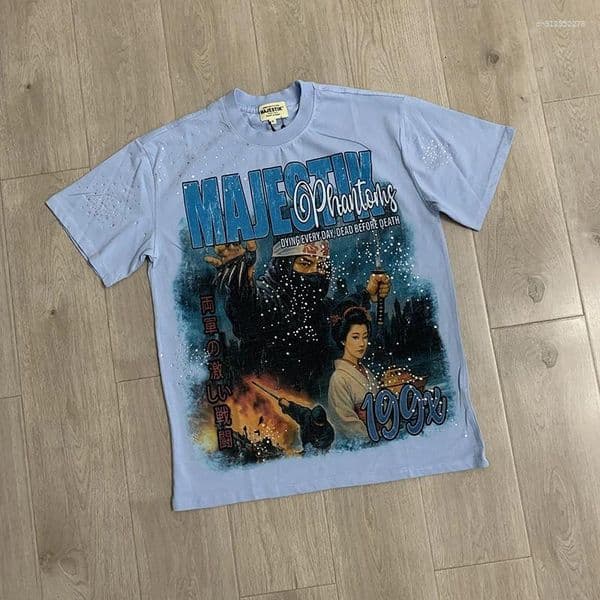 Men's T Shirts Quality MAJESTIK Drilling Graffiti Print Pattern Shirt Men Women Fashion Loose Casual Oversized Shinning Diamond Tees
