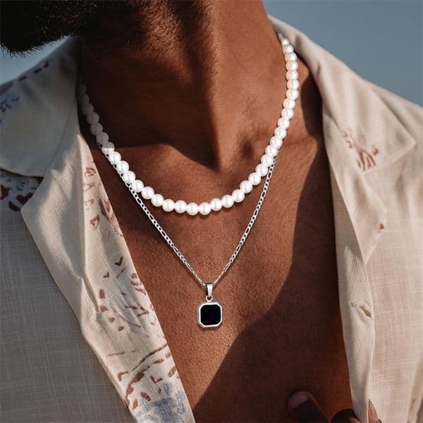 Vnox 2pcs Necklaces Set for Men Geometric Square Pendant with 55cm Rope Box Cuban Chain Simulated Pearl Steel Collar y260427