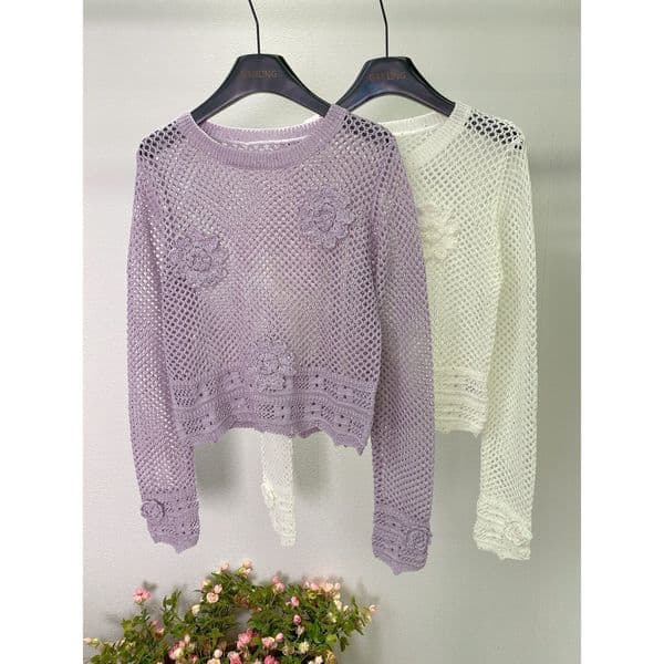 2 colors available~Casual hollow-out crochet round-neck sequin knit top for women with elaborate three-dimensional floral decoration