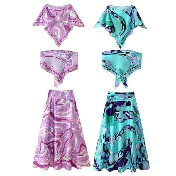 Summer vacation-style shawl top printed strapless high-waisted long skirt for women 260427