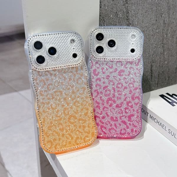 Leopard Print Rhinestone Phone Case, Wavy Edge Bling Glitter Cover with Diamond Camera Protector for Samsung S26/S25/S24 For iphone