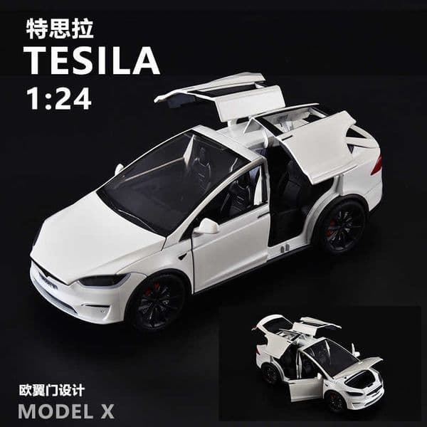 XLG Box Set 124 Tesla Pea X Alloy Car Model Power Back Sound and Light Toy Off road Electric Pile Box Set L260428