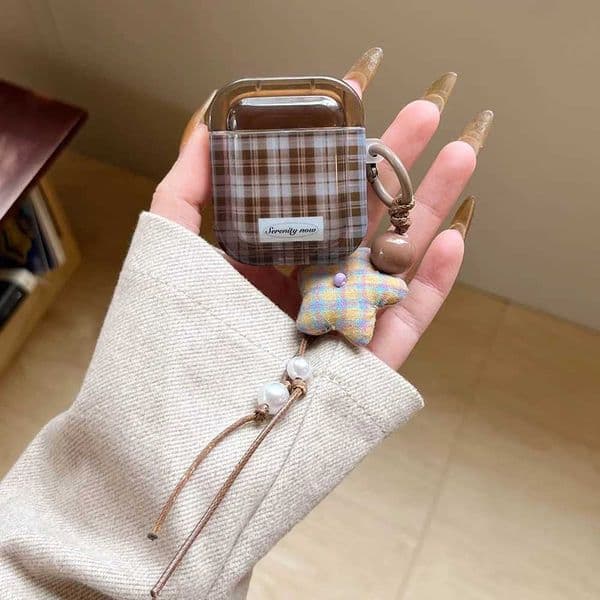 Ins Fashion Brown Grid Case For AirPods 4 ANC Pro 2 Earphone Protecitve Cover For AirPods 1 2 3 4th Soft Case with Star Keychain LL260428