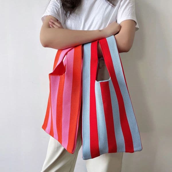 Striped Knitting Tote Bag Womens Shoulder Bag Fashion Hollow Out Tote Ladies Female Woven Shopper Purse Lady Crossbody Handbag 260416